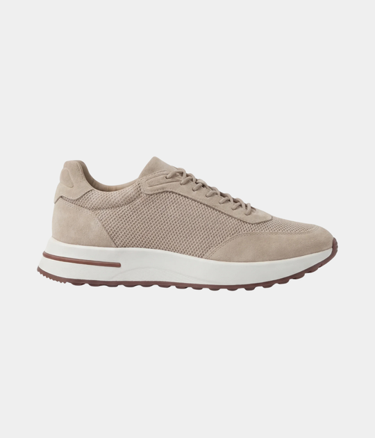 Men’s Beige Suede & Mesh Low Top Walking Sneakers with White Sole