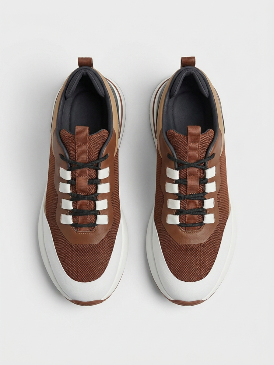 Men’s Brown & Black Fused Mesh Low Top Walking Sneakers with White Sole, view 8