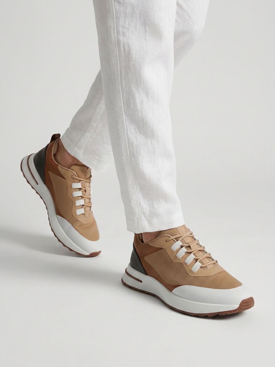 Men’s Cognac Fused Mesh Low Top Walking Sneakers with White Sole, view 8