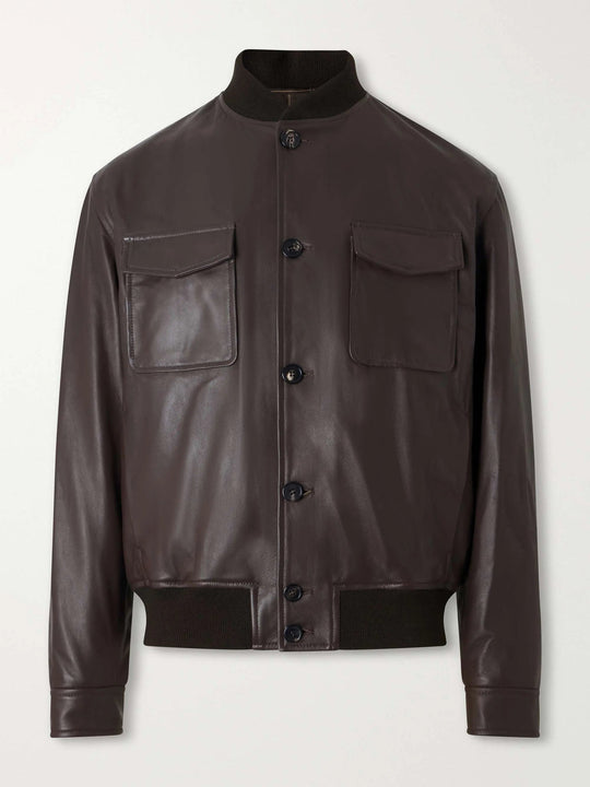 Men's Leather Button Up Bomber Jacket with Flap Pockets