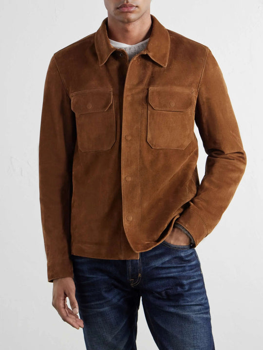 Men's Panelled Suede Button Up Overshirt with Chest Pockets