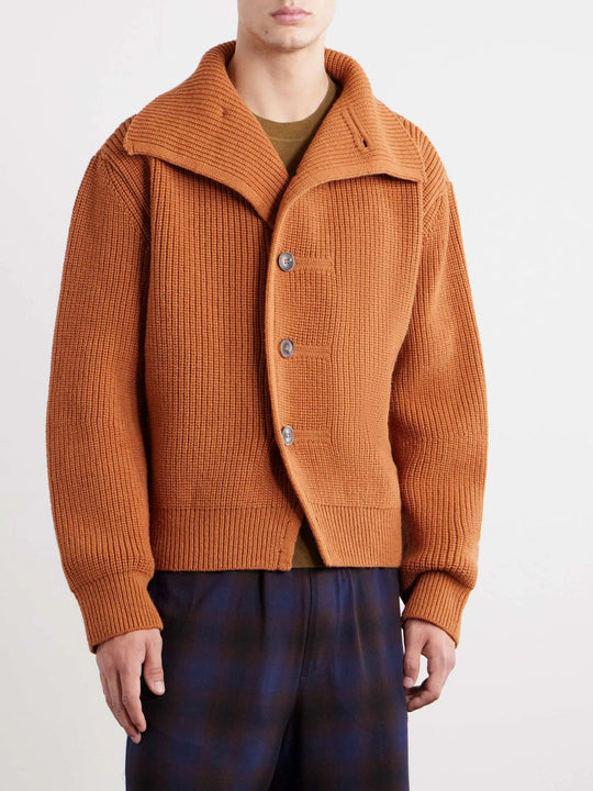 Men's Ribbed Wool Wide Collar Cardigan