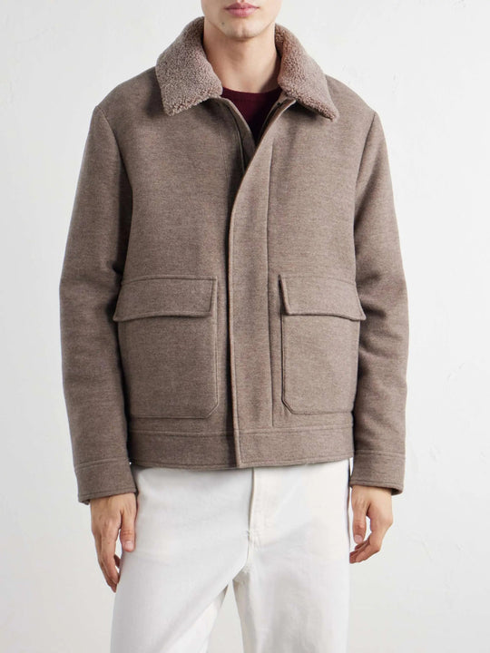 Men's Shearling Trimmed Wool Zip Up Jacket with Flap Pockets