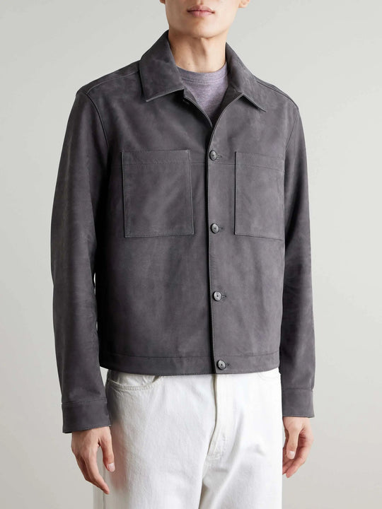 Men's Suede Button-Up Overshirt with Chest Pockets