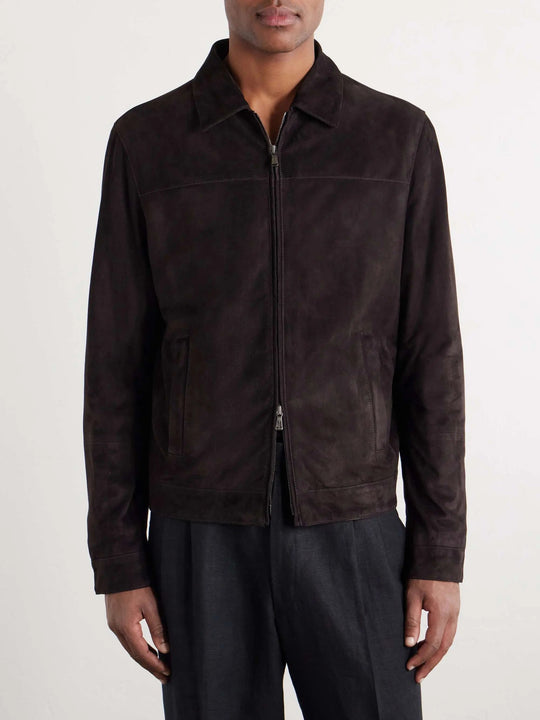 Men's Suede Zip Up Collared Bomber Jacket