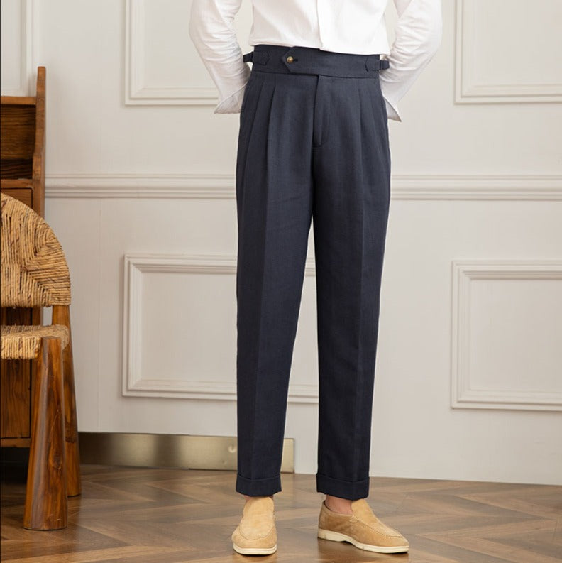 Linen-Cotton Blend Trousers with Adjustable Waist