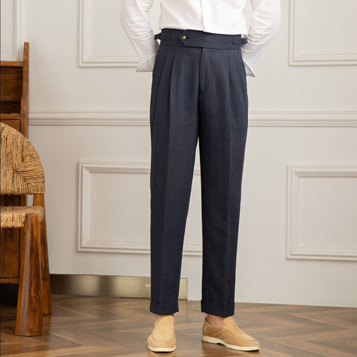 Linen-Cotton Blend Trousers with Adjustable Waist