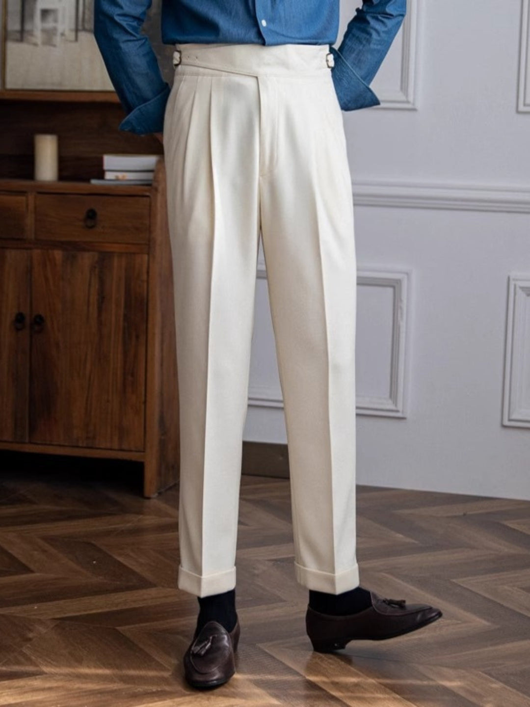 High-Rise Pleated Trousers with Cross-Belt Detail