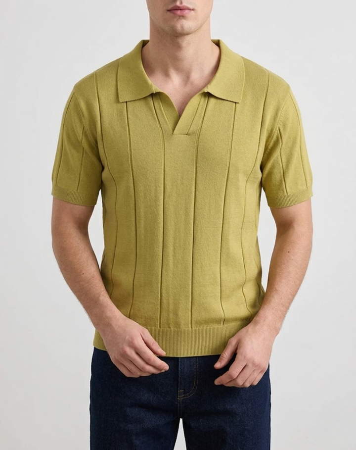 Stretch Knit Polo Shirt with Open Collar