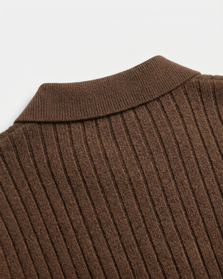 Textured Ribbed Knit Polo Shirt with Open Placket