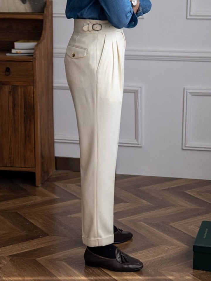 High-Rise Pleated Trousers with Cross-Belt Detail