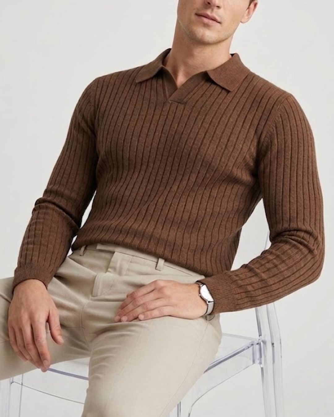 Textured Ribbed Knit Polo Shirt with Open Placket