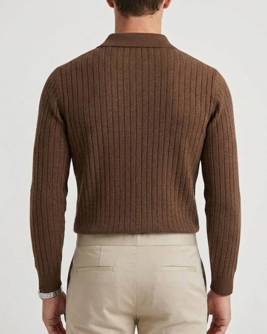 Textured Ribbed Knit Polo Shirt with Open Placket