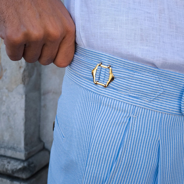 High-Rise Pleated Seersucker Trousers