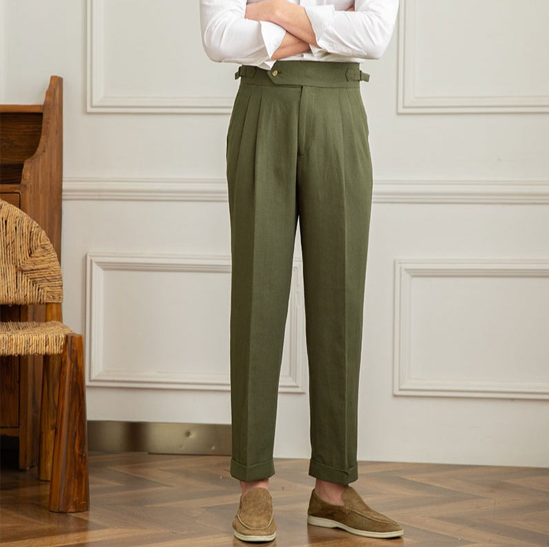 Linen-Cotton Blend Trousers with Adjustable Waist