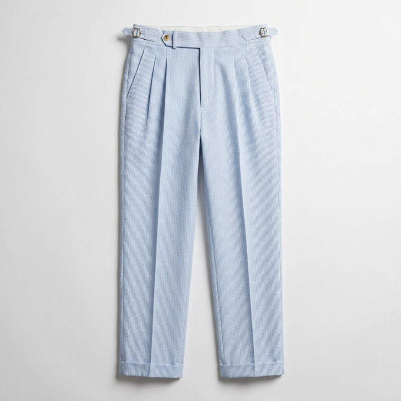 High-Rise Pleated Seersucker Trousers