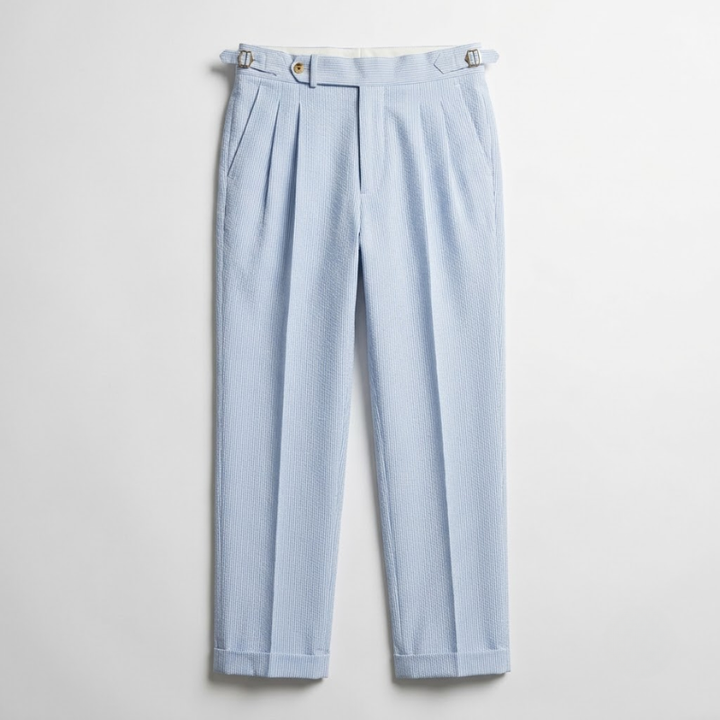 High-Rise Pleated Seersucker Trousers