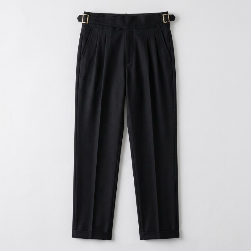 Pleated Wool Blend Trousers with Asymmetric Waistband