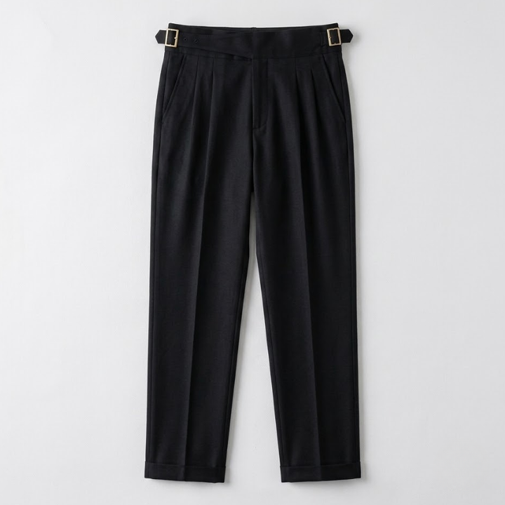 Pleated Wool Blend Trousers with Asymmetric Waistband