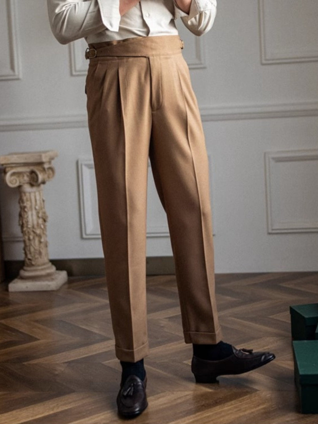 High-Rise Pleated Trousers with Cross-Belt Detail