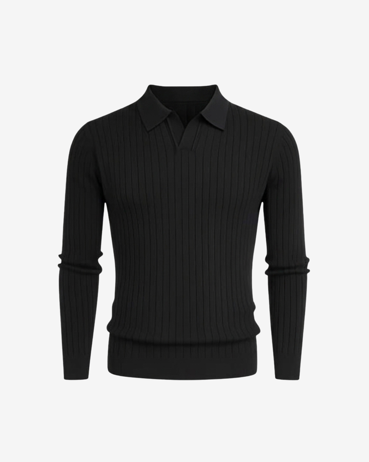Textured Ribbed Knit Polo Shirt with Open Placket
