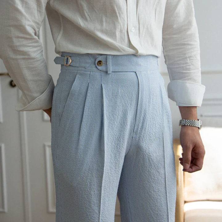 High-Rise Pleated Seersucker Trousers