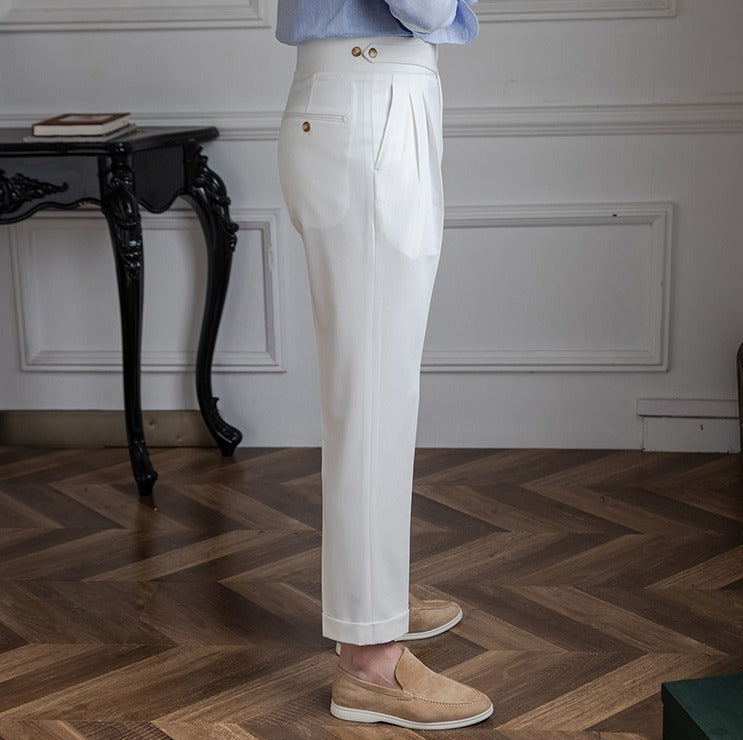 High-Waisted Double-Pleat Wool Blend Trousers