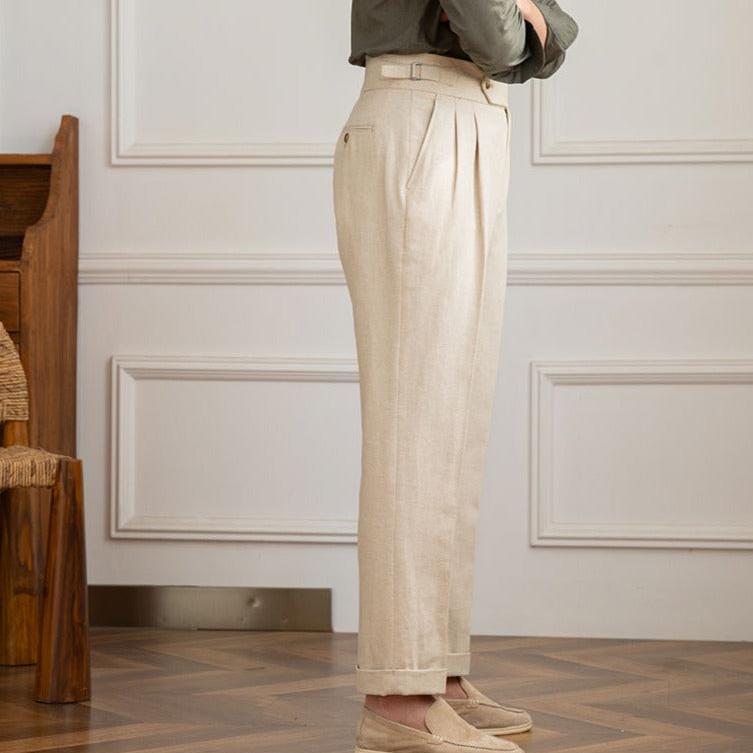 Linen-Cotton Blend Trousers with Adjustable Waist