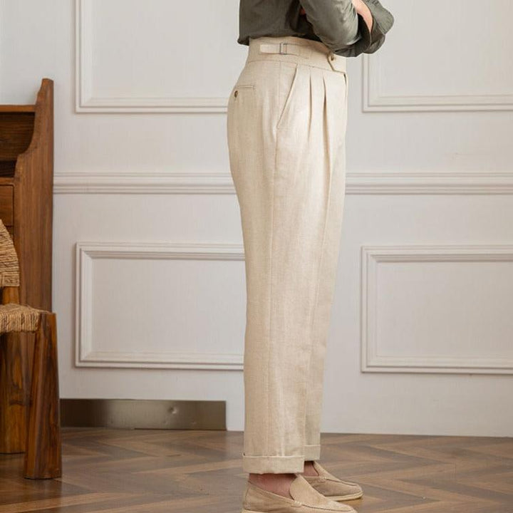 Linen-Cotton Blend Trousers with Adjustable Waist