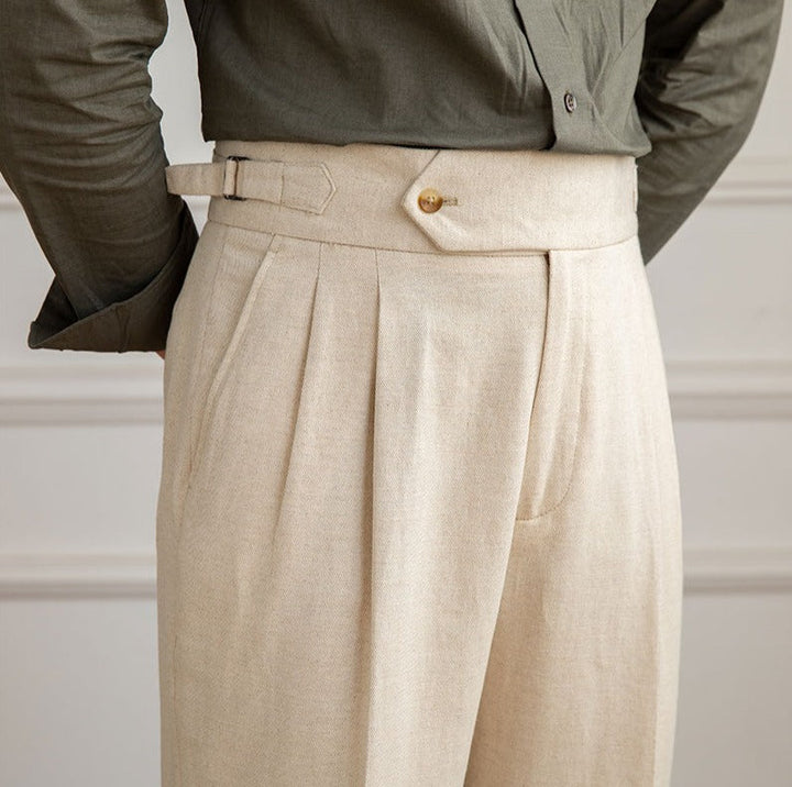 Linen-Cotton Blend Trousers with Adjustable Waist