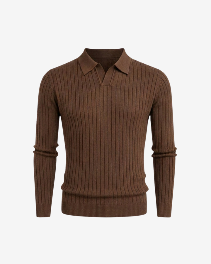 Textured Ribbed Knit Polo Shirt with Open Placket