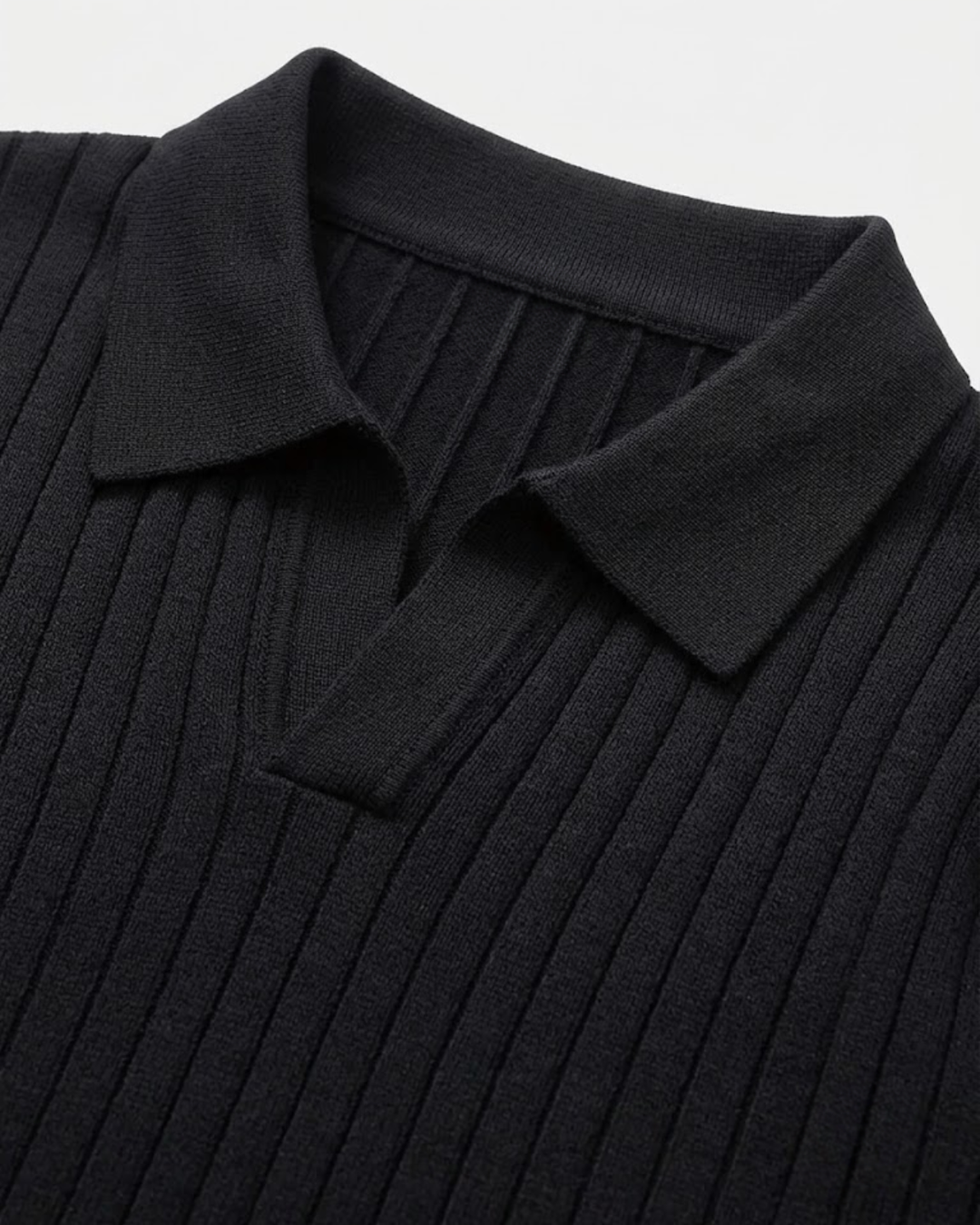 Textured Ribbed Knit Polo Shirt with Open Placket