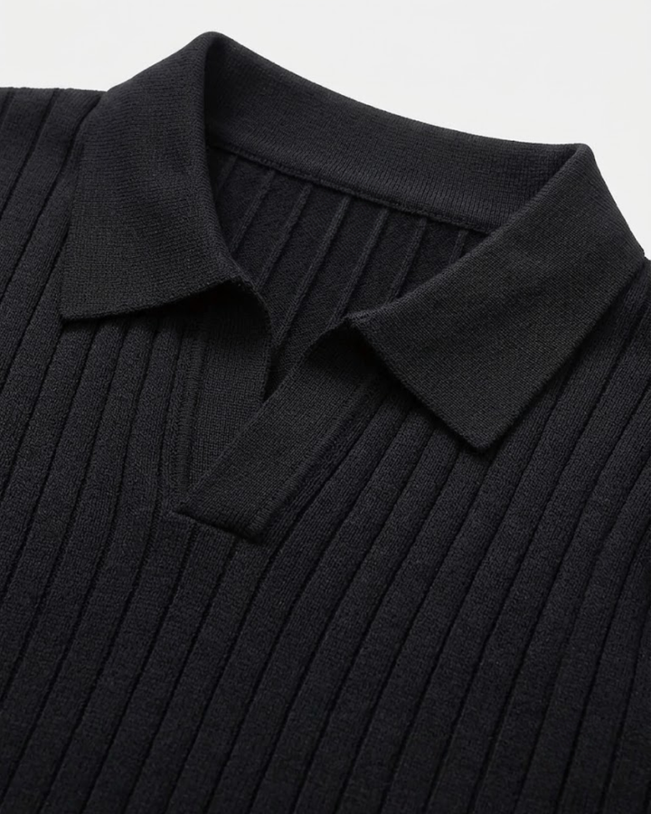 Textured Ribbed Knit Polo Shirt with Open Placket