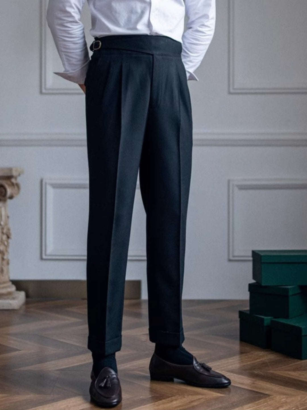 High-Rise Pleated Trousers with Cross-Belt Detail