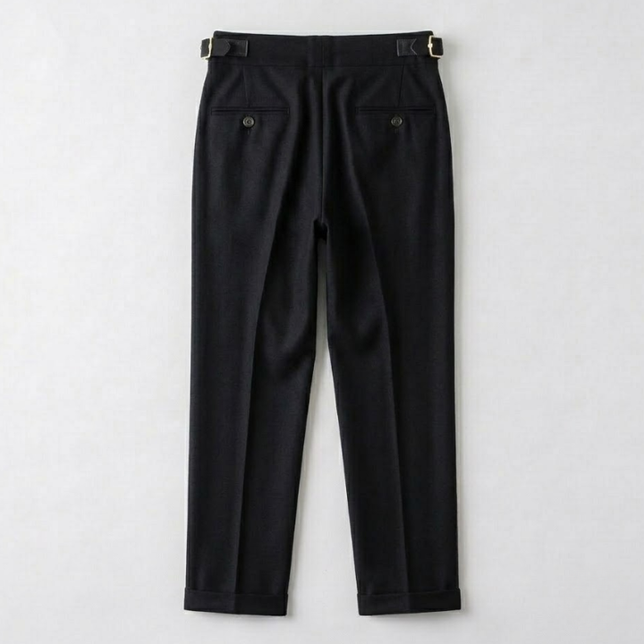 Pleated Wool Blend Trousers with Asymmetric Waistband