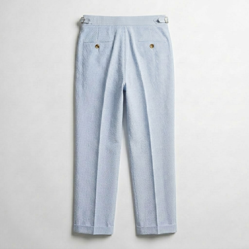 High-Rise Pleated Seersucker Trousers