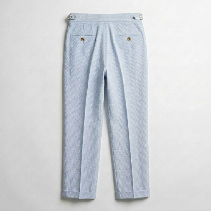 High-Rise Pleated Seersucker Trousers