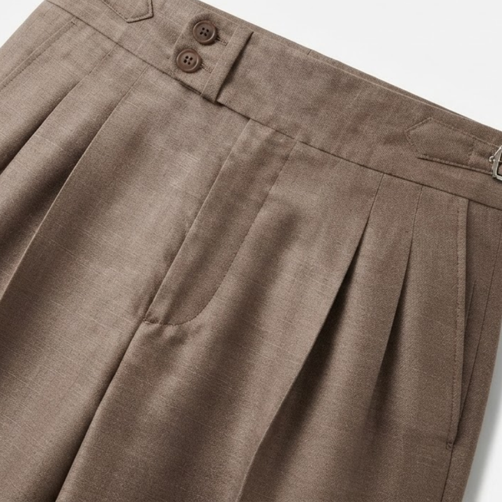 Lightweight Wool Pleated Trousers with Adjustable Waist
