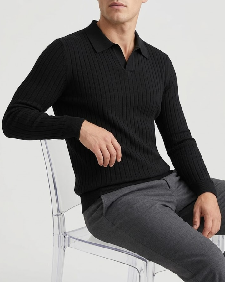 Textured Ribbed Knit Polo Shirt with Open Placket