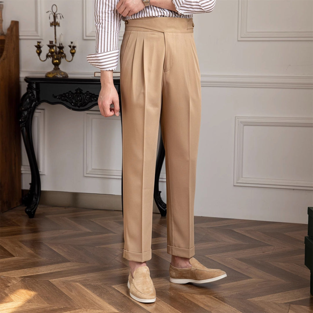 High-Waisted Double-Pleat Wool Blend Trousers