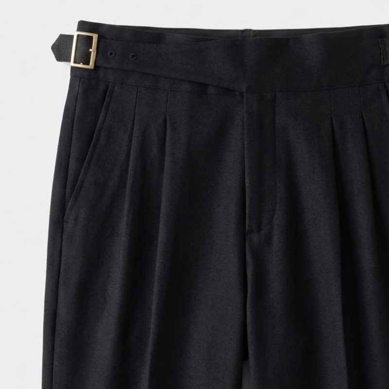 Pleated Wool Blend Trousers with Asymmetric Waistband
