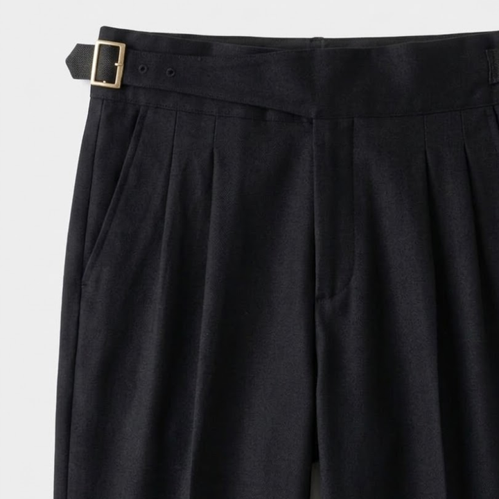 Pleated Wool Blend Trousers with Asymmetric Waistband