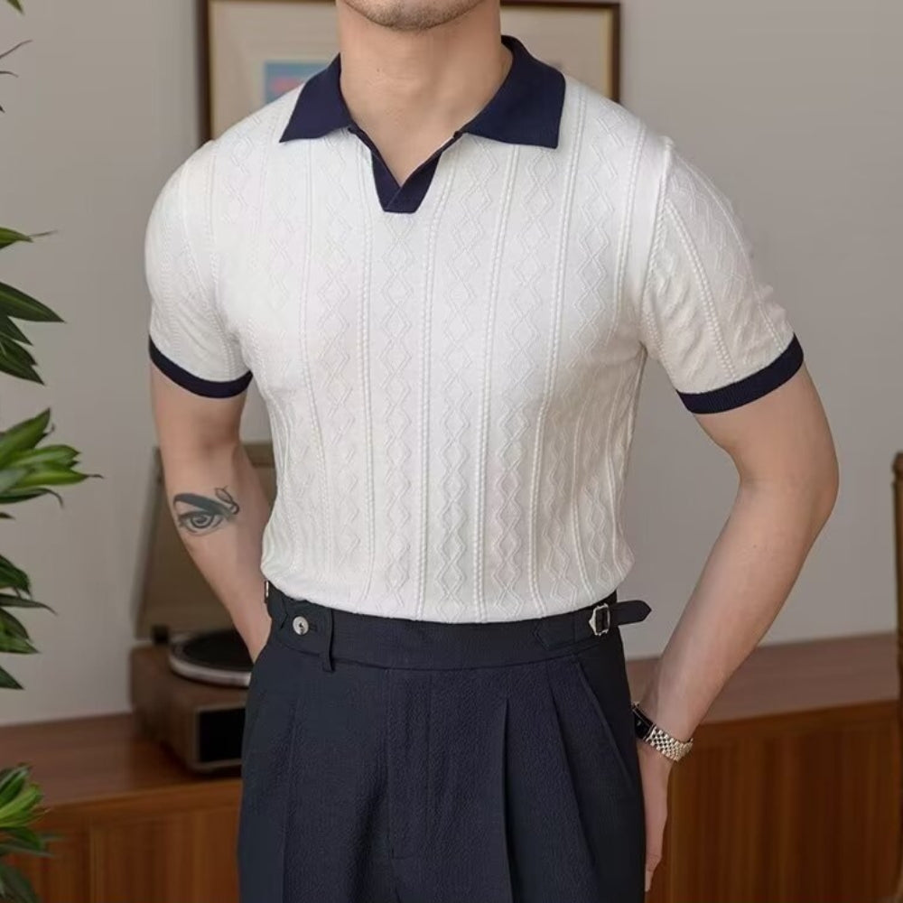 Contrast Collar Textured Knit Polo Shirt