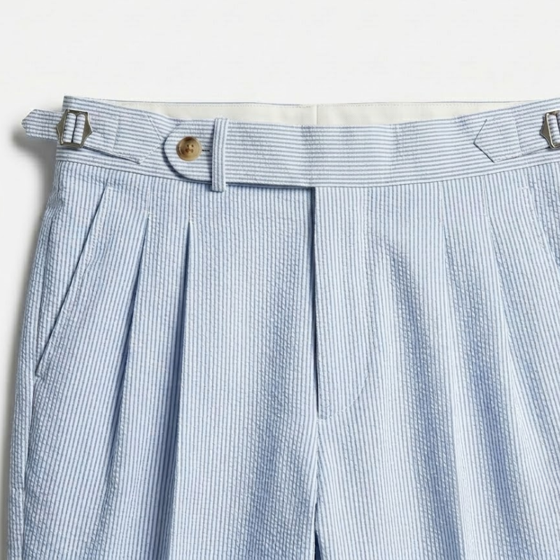 High-Rise Pleated Seersucker Trousers