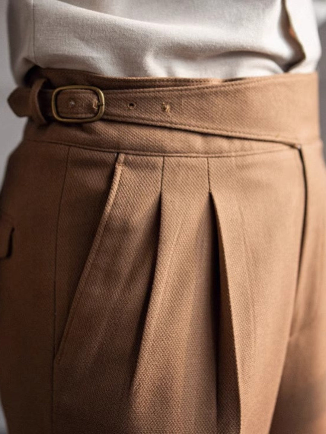 High-Rise Pleated Trousers with Cross-Belt Detail