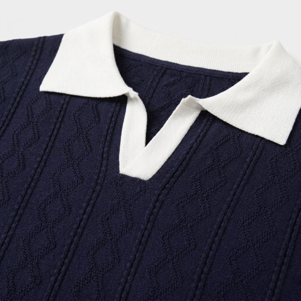 Contrast Collar Textured Knit Polo Shirt