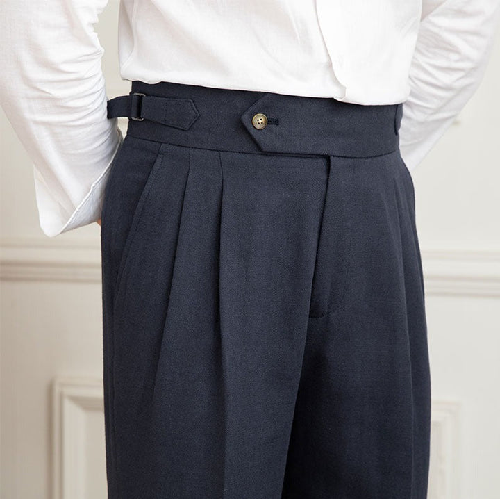 Linen-Cotton Blend Trousers with Adjustable Waist