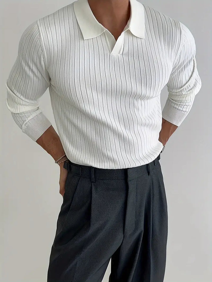 Textured Ribbed Knit Polo Shirt with Open Placket