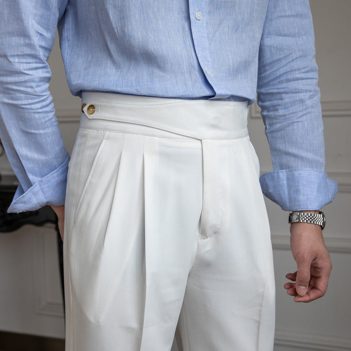 High-Waisted Double-Pleat Wool Blend Trousers