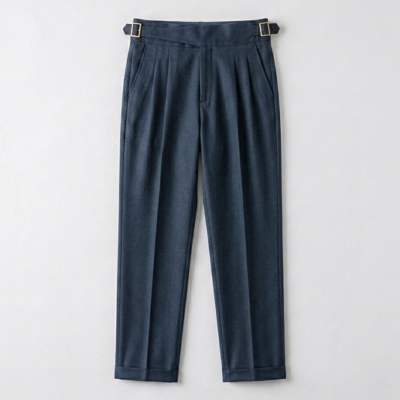 Pleated Wool Blend Trousers with Asymmetric Waistband